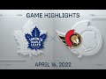 NHL Highlights | Maple Leafs vs. Senators - Apr 16, 2022