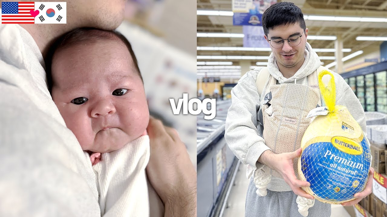 신생아 24시 육아 브이로그, 한미 혼혈아기의 첫 땡스기빙데이 미군 부대 미국 마트 장보기, 외국인 남편의 요리, 1개월 아기, 산후검진과 모유 수유, 국제커플 vlog[ENG]