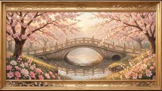 Golden Dawn Cherry Blossom Bridge in Warm Morning Light | spring frame tv art 4k with music screenshot 2