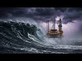Pilot POV: Helicopter Flies Over Offshore Rig in Major Storm