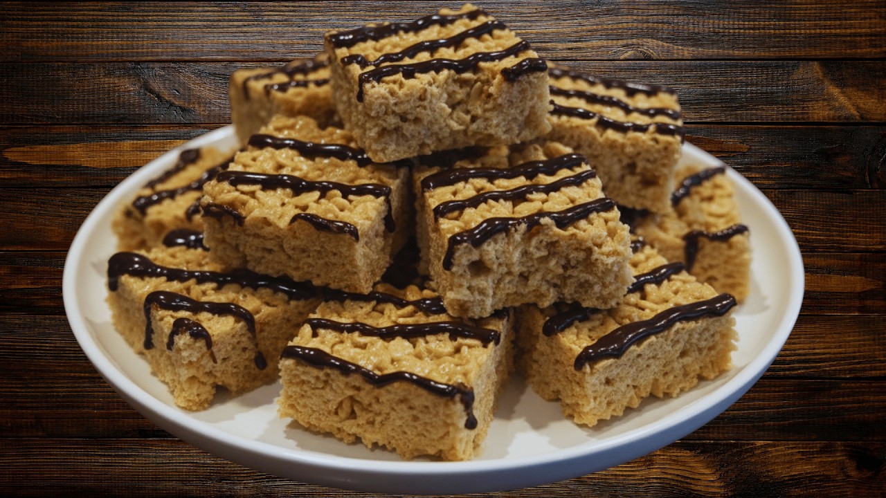 Peanut Butter Rice Krispie Treats with Chocolate Drizzle | Easy No-Bake Comfort Dessert