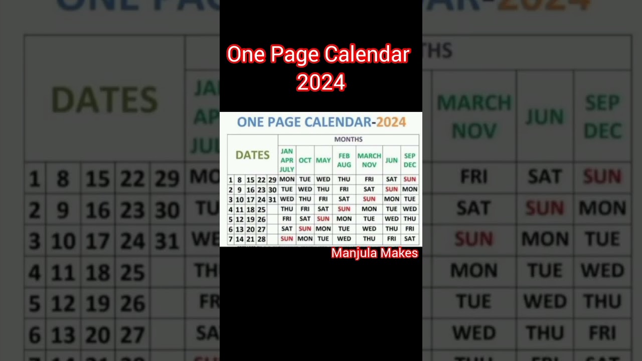 One Page New Year 2024 Calendar 