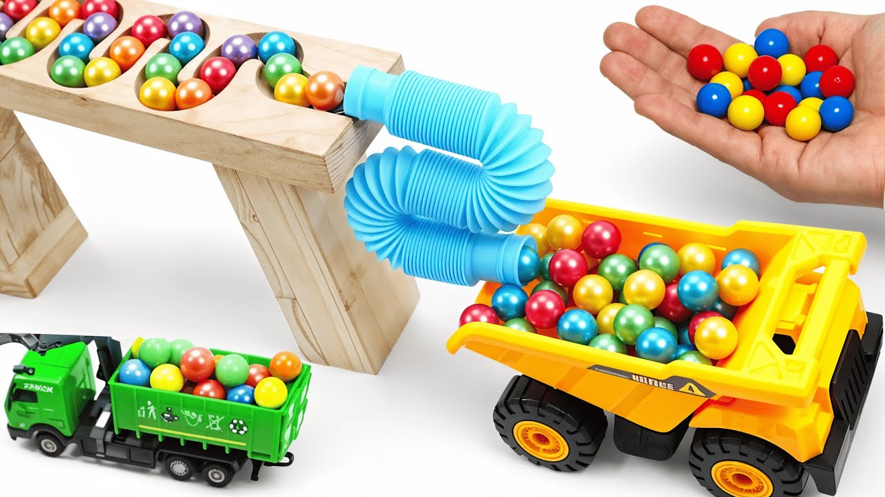 Marble Run ☆ Wooden Marble Track with Toy Vehicles - Satisfying Video