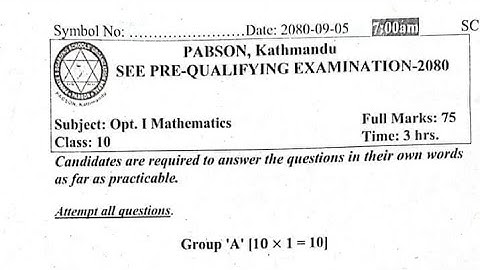Latest OPT.MATH question for SEE PABSON,Kathmandu,SEE Pre- Qualifying Exam 2080