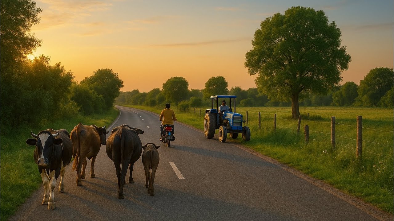 Village road /Indian road side view /cow /buffalo/tractor /minifarming/slow motion road side view 