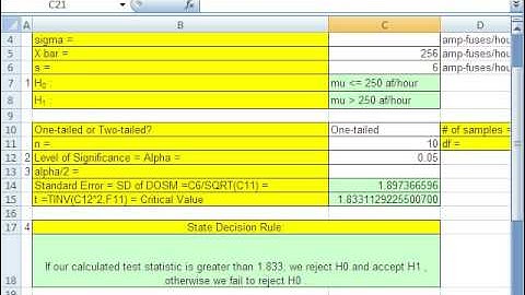 Excel Statistics 92: Hypothesis Test T Distribution