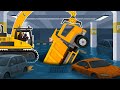 Excavator Clamp, Rock Breaker Rescue Car Stuck in Flooded Garage | Construction Vehicles