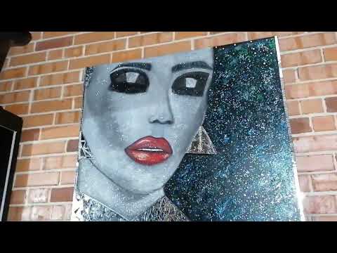 pictura femeie makeup glamour alb si negru cu diamante 5D,tutorial cum am lipit oglinzi pe panza
