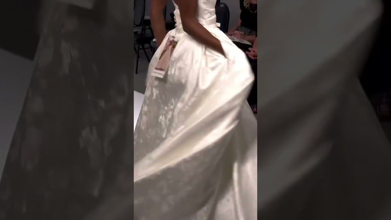 Satin Brocade Strapless Bridal Ball Gown with Ruched Bodice and Cathedral Train