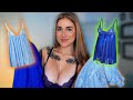 4k transparent blue dresses try on with mirror view  alanah cole tryon