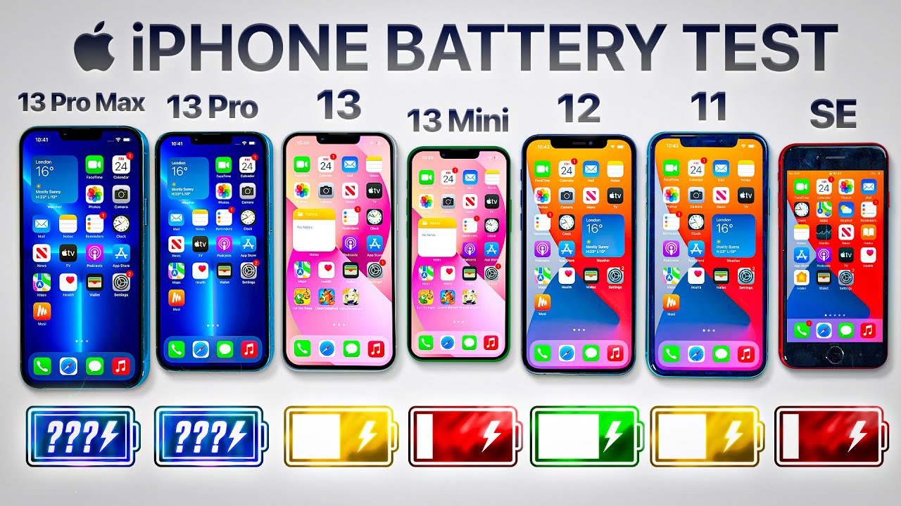  Update New  iPhone 13 Pro Max vs 13 Pro / 13 / 13 Mini / 12 / 11 / SE - 배터리 수명 드레인 테스트