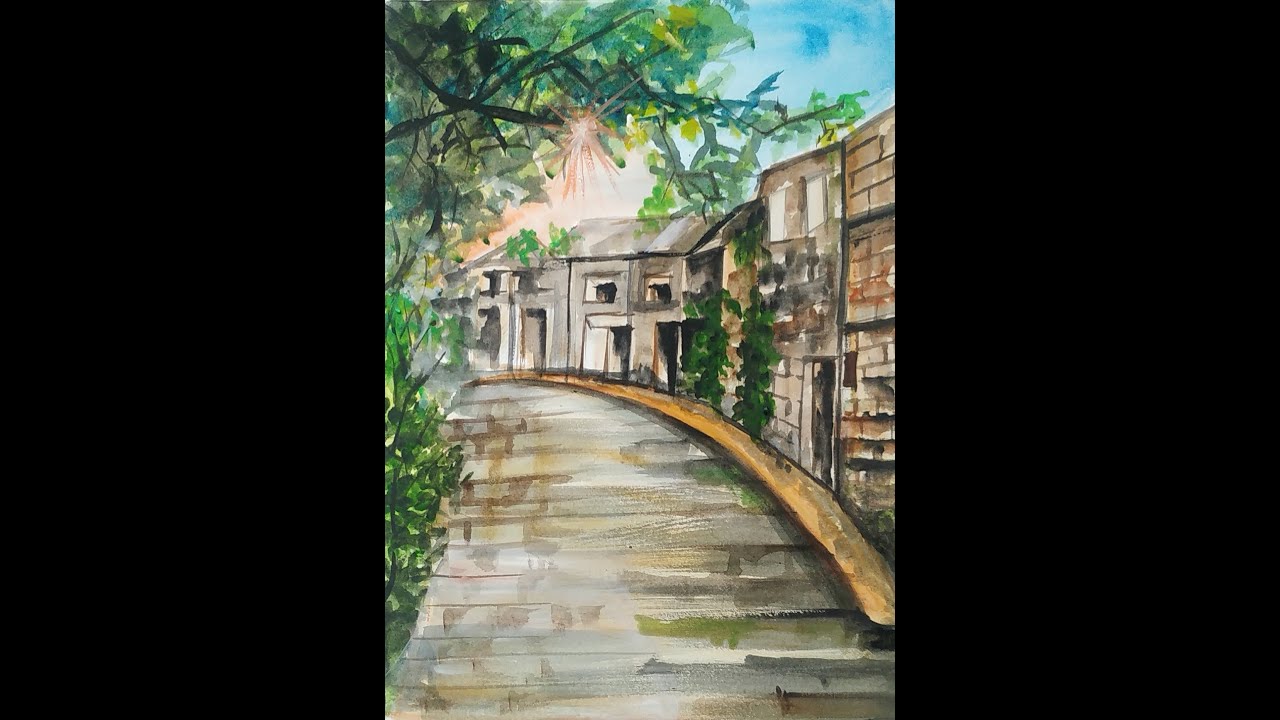 How to paint Row Houses and brick road on a town street Art of