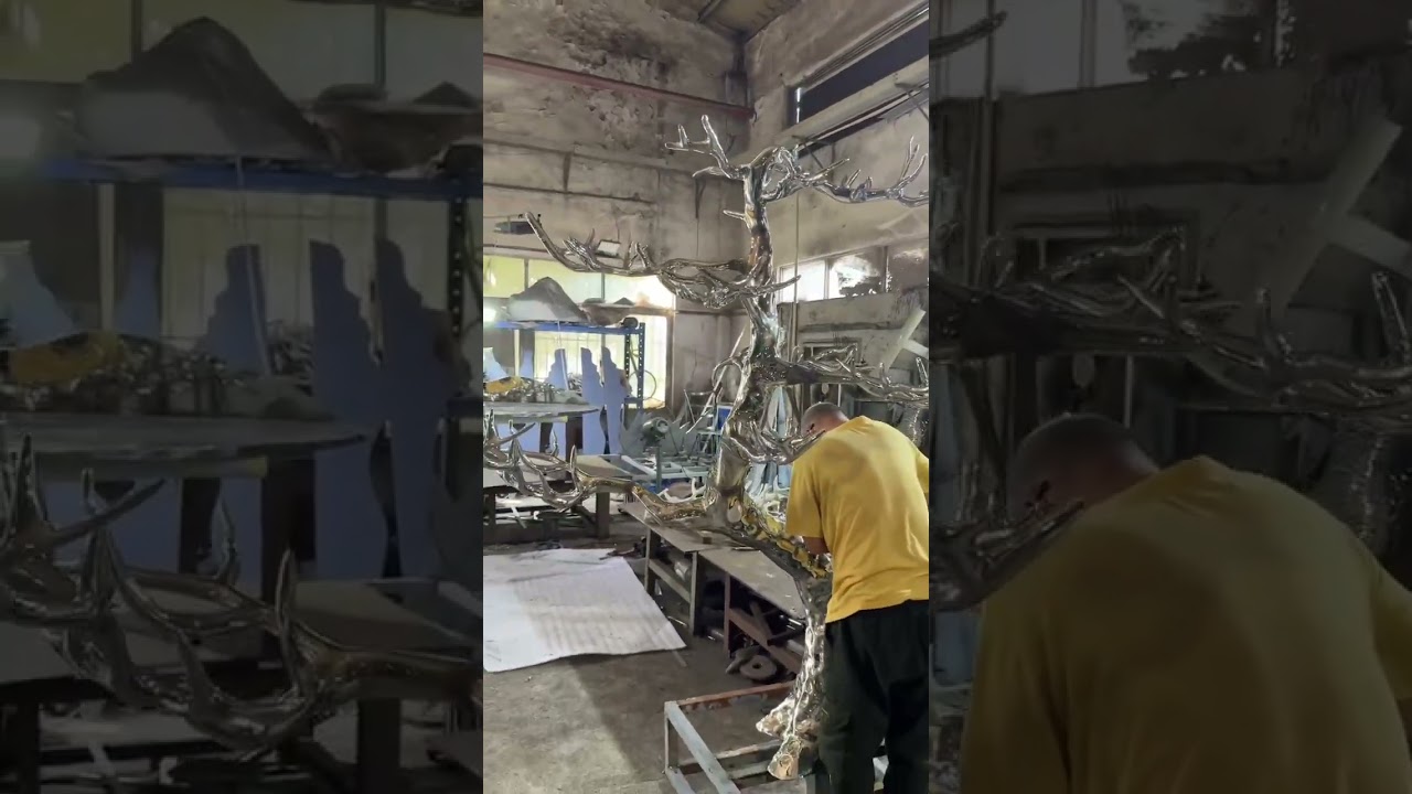 Outdoor square decorative artwork stainless steel tree sculpture