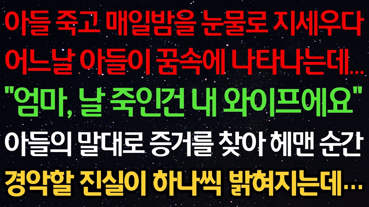 실화사연-아들 죽고 매일밤을 눈물로 지새우다 어느날 아들이 꿈속에 나타나는데…“엄마, 날 죽인건 내 와이프에요” 아들의 말대로 증거를 찾아 헤맨순간 경악할 진실이 하나씩 밝혀지는데