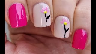 Easy Pink Flower NAIL ART | Girly Short NAILS Design For Beginners - Manicure At Home