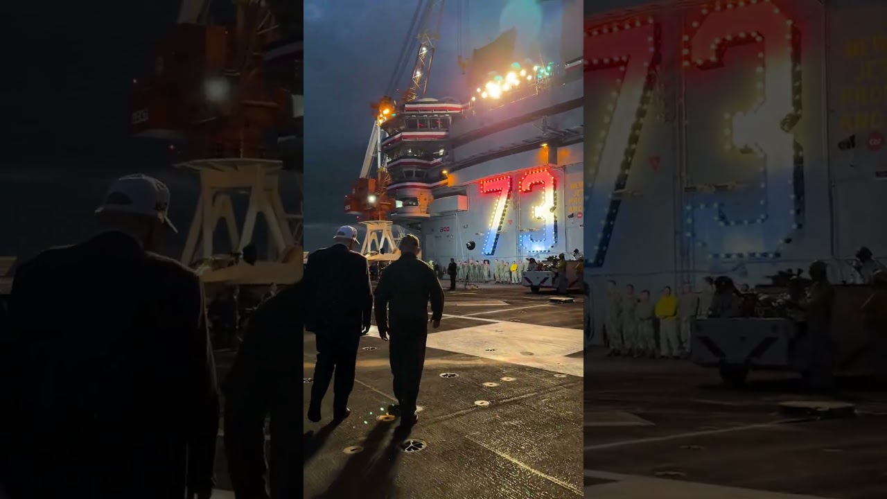 President Trump walks with Captain Timothy Waits on CVN 73 🇺🇸