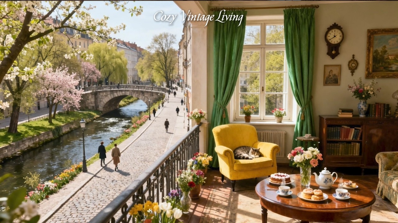 Peaceful Spring Morning 🌸 Cozy Vintage Living Room with 1950s Jazz Playing | Relax & Study Ambience
