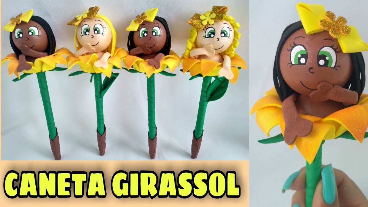 Como fazer caneta menina Girassol decorada com eva