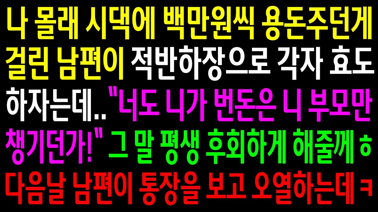 (반전사연)나 몰래 시댁에 백만원씩 용돈주던게 걸린 남편이 적반하장으로 각자 효도하자는데..다음날 남편이 통장을 보고 오열하는데ㅋ[신청사연][사이다썰][사연라디오]