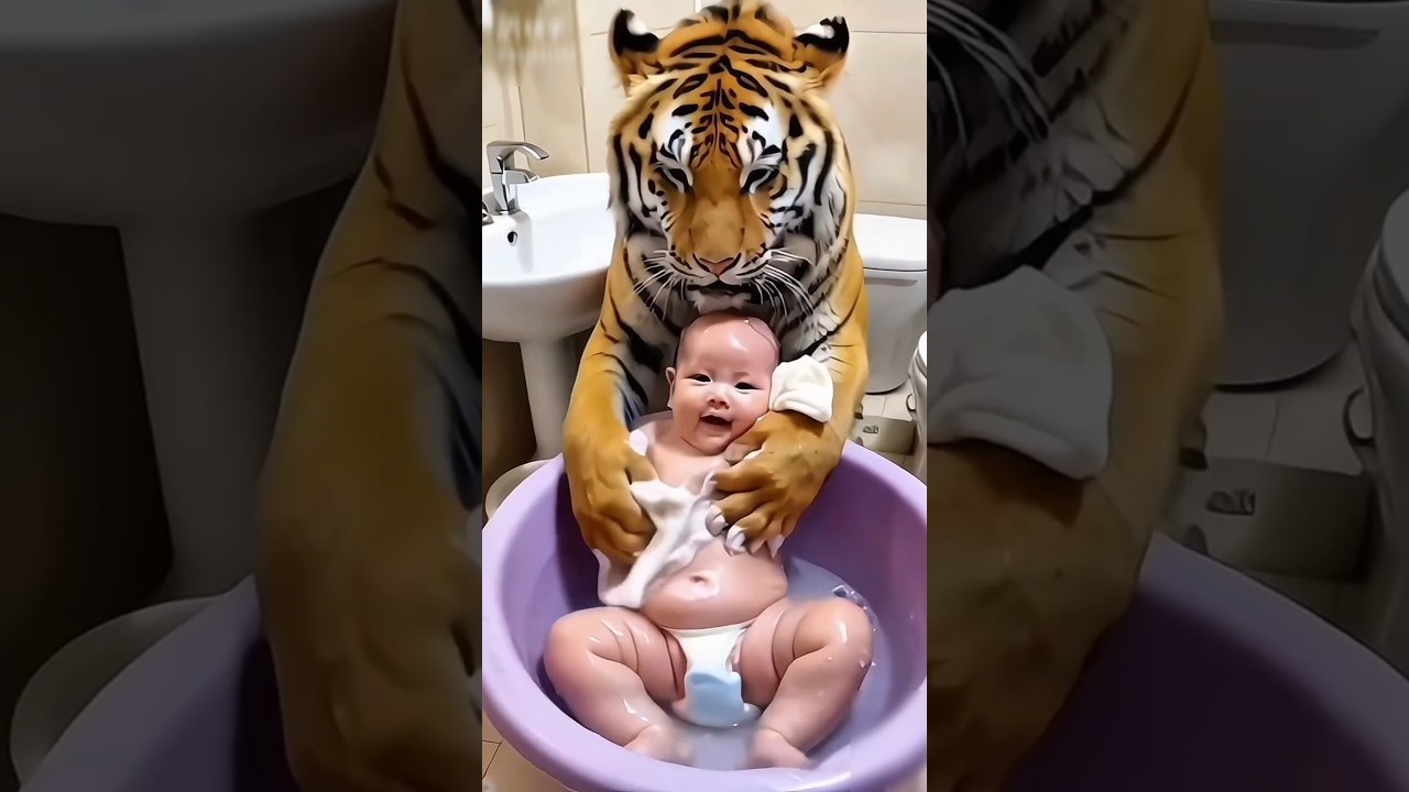The tiger is bathing the baby 😱 