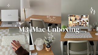 m3 imac unboxing + aesthetic desk setup *cozy \& simple* 🎧🍓
