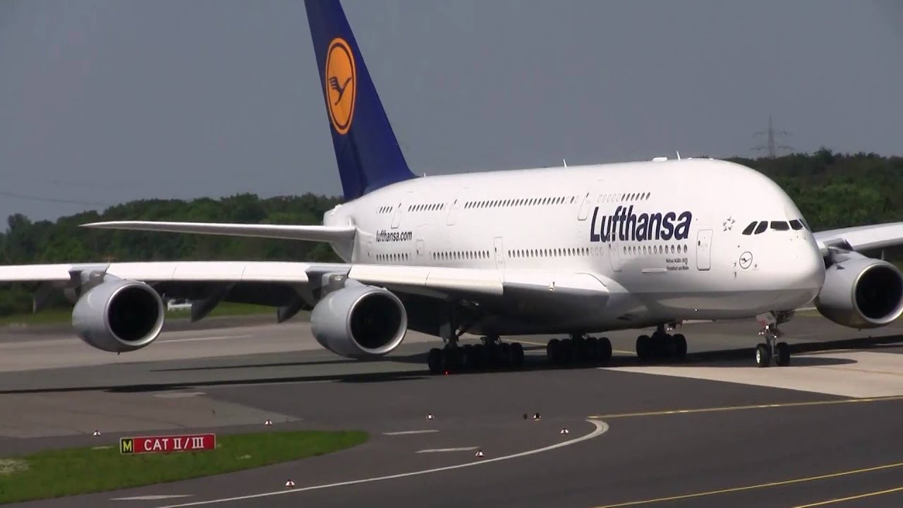 Lufthansa Airbus A380800 Landing Dusseldorf Airport DAIMA [HD