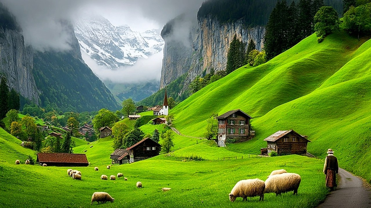 Heavenly Switzerland Villages - Swiss Alpine Countryside with Grazing Sheep and Cows