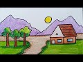 Easy landscape drawing for kids and beginners  landscape drawing  house and nature drawing
