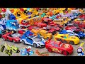 Unboxing transparent gear fire truck, remote control RC city bus, large police car, spray train