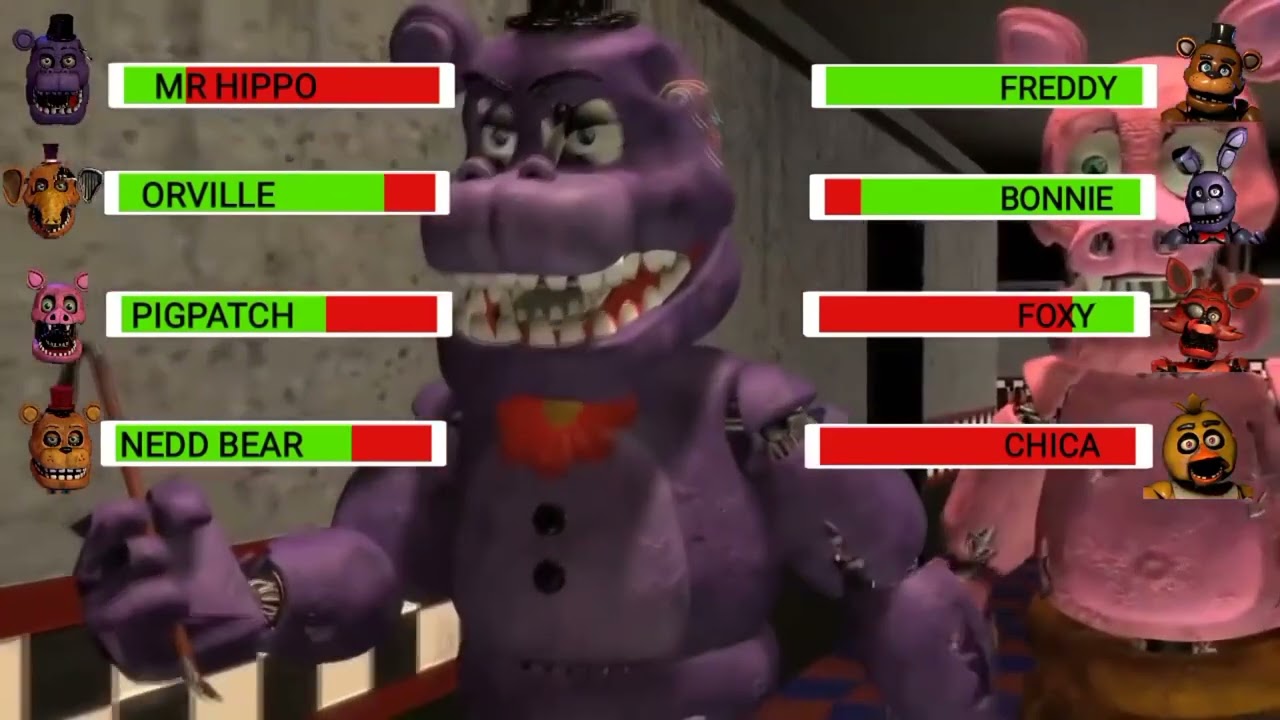 withered Mr Hippo/Orville/Pigpatch/Nedd Bear vs Freddy Bonnie chica and foxy