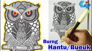 CARA MENGGAMBAR ZENTANGLE | Motif Burung Hantu | Ragam Hias Flora Fauna