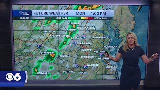 Hour-by-Hour: Potential for scattered storms Monday with heavy downpours, strong wind gusts.