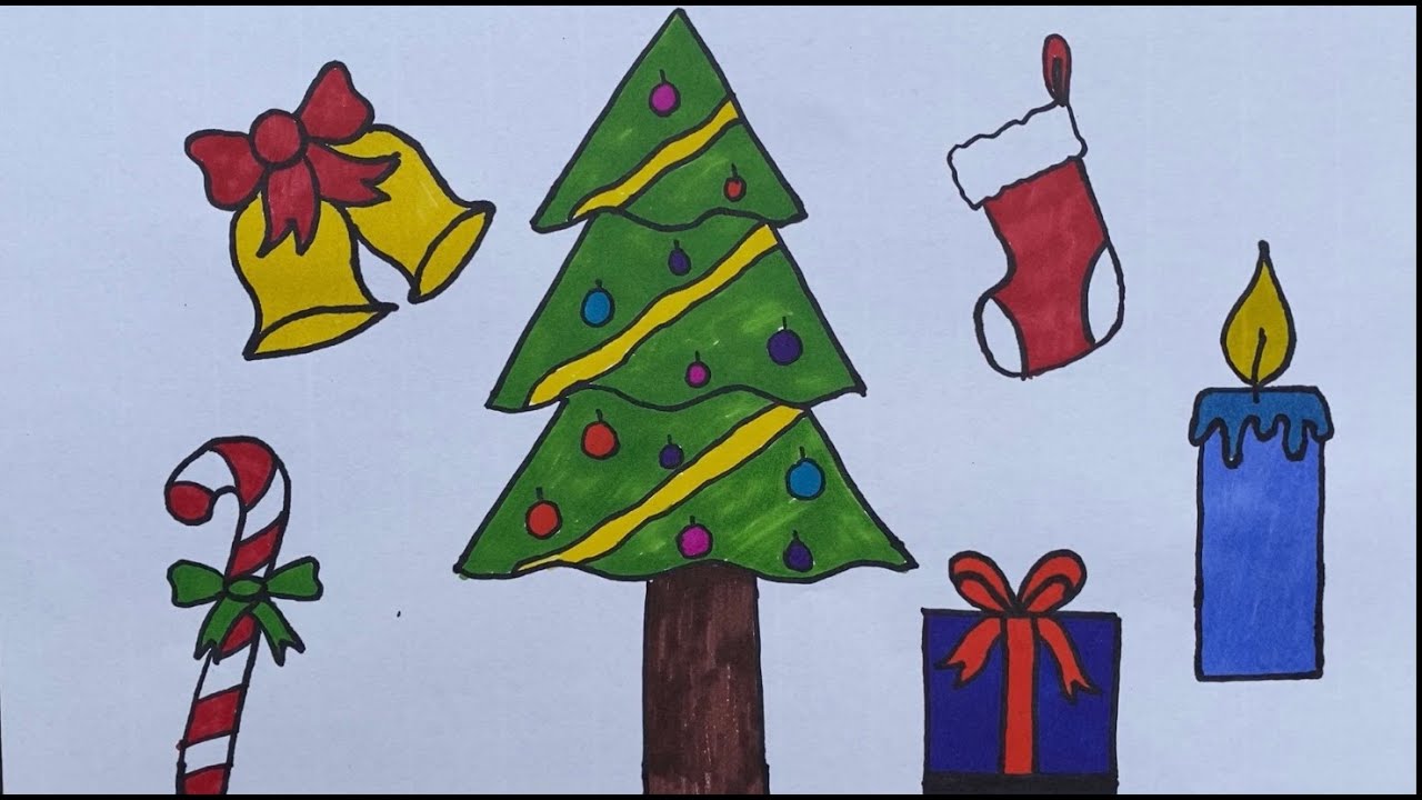 Learn Christmas drawings.Christmas tree, present ,candy cane ...