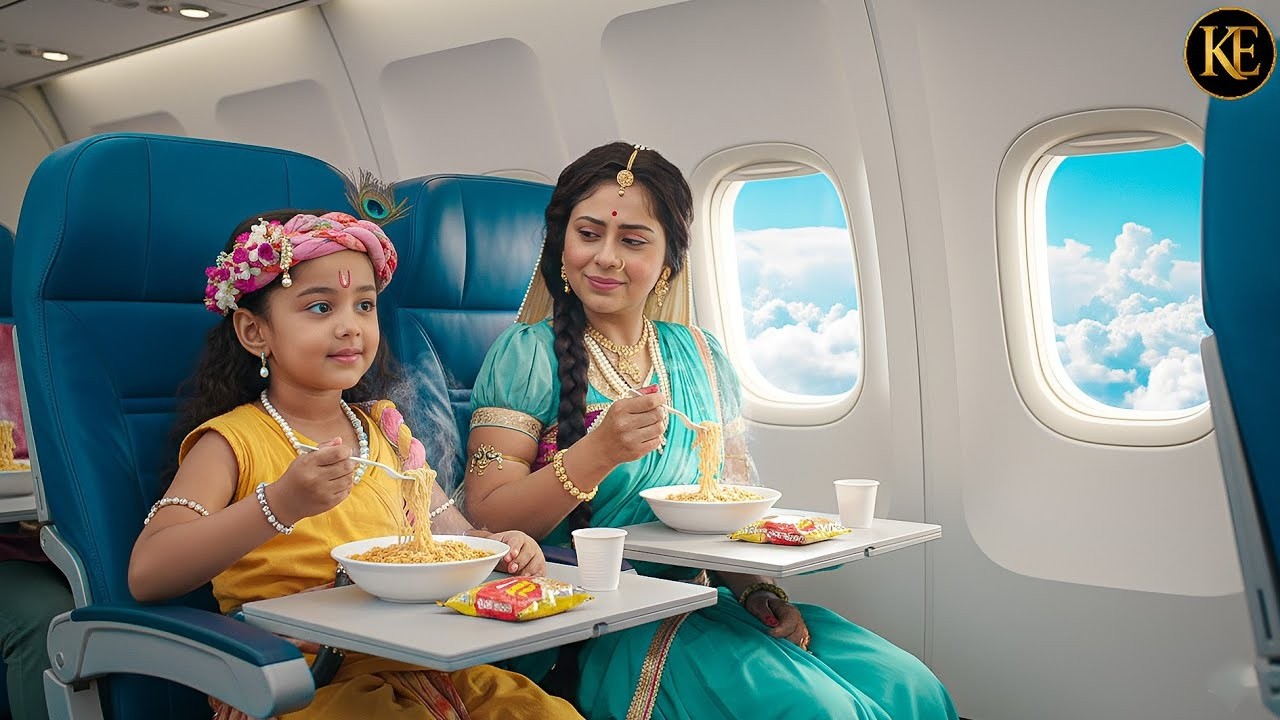 देखिए कैसे बाल कान्हा और मैया हवाई जहाज में मैगी खा रहे हैं || यशोमती मईया के नंदलाला |Krishan leela