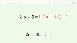 Linear equation with one unknown: Solve 2x-3x-5=-4x-4 step-by-step solution