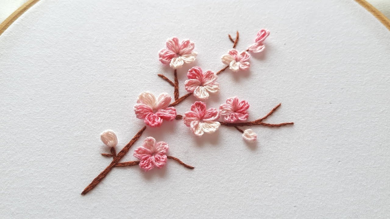 Sakura flowers embroidery | Popcorn lazy daisy stitch | Cherry blossom hand embroidery.