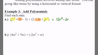 Algebra 1: 8.1 Notes: Example 3 - Adding Polynomials