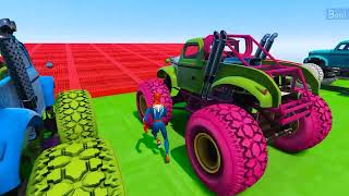 SPIDERMAN CARS MEGA Ramp Jump Challenge ! SUPERHERO HULK Monster Truck Trevor Friends Stunt