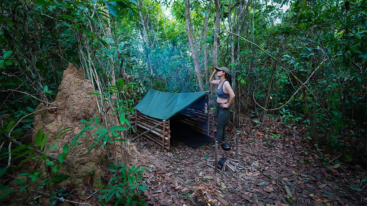 Solo Bushcraft in Rainy Season - Building Laavu Shelter Alone - Survival Overnight Trip in Forest