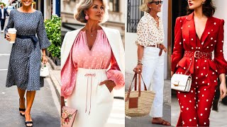 How to dress and look elegant over 60 wearing polka dot style: chic dresses, blouses and skirts!