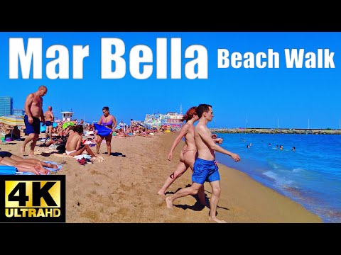 ☀️Playa de la Mar Bella Beach Walk 4K Barcelona.