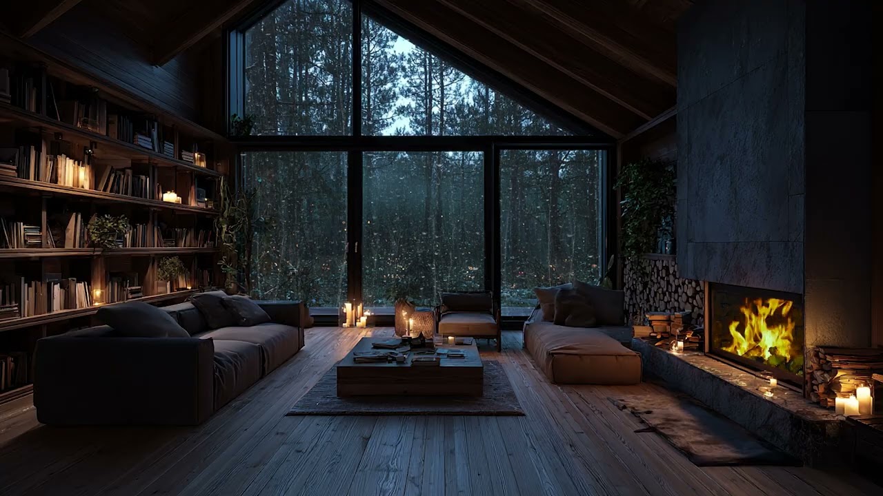 Rainy Forest Night Through Large Windows 🌧️ Crackling Wood Stove in a Dark Cozy Bedroom
