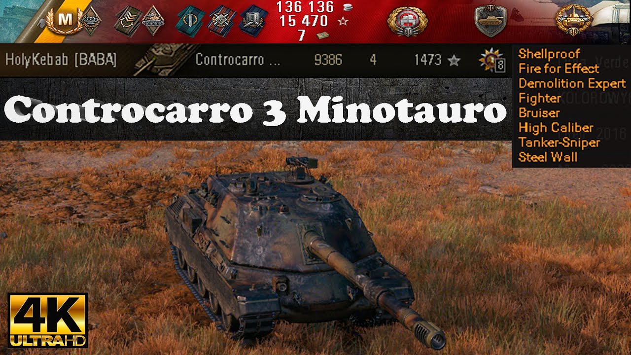 Controcarro 3 Minotauro video in Ultra HD 4K🔝 9386 dmg, 7000 block 1473🔝 World of Tanks ✔️