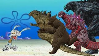 Squidward runs away from Godzilla, Kong, Shin Godzilla, and Godzilla Earth