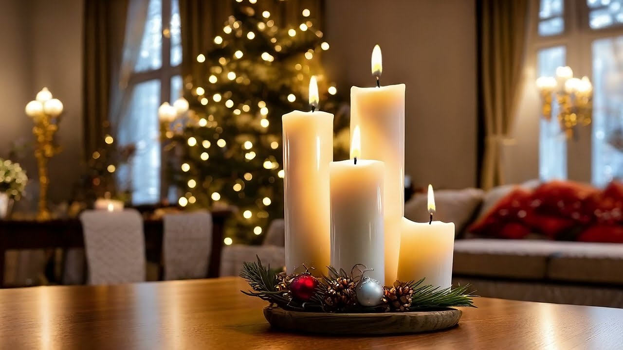 Cozy and relaxing  burning candles Christmas scene TV background and screensaver