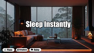 Deep Sleep Rainfall Ambience with Relaxing Piano and Warm Fireplace Atmosphere