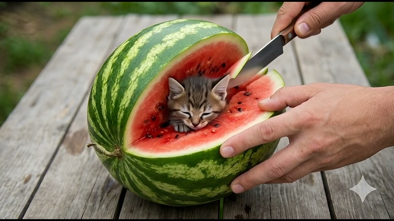 Tierno gatito en sandía 🍉 #CatsAndBabies#Ternura#Bebés#Gaticos#ReelsTiernos#CutenessOverload