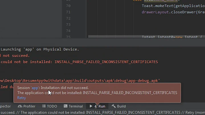 Android studio | Installation did not succeed | installation failed due to 'null'