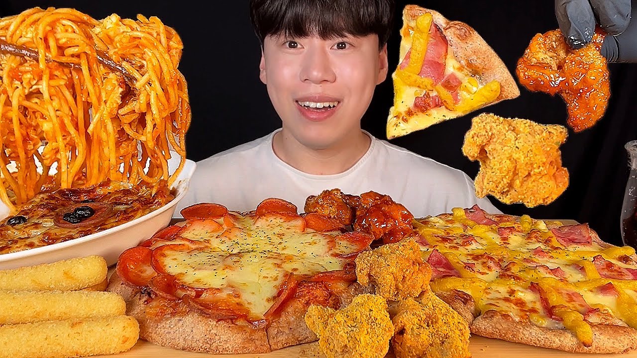 СУБ) Корейская пицца и сладкие спагетти с курицей и сыром, мукбанг асмр