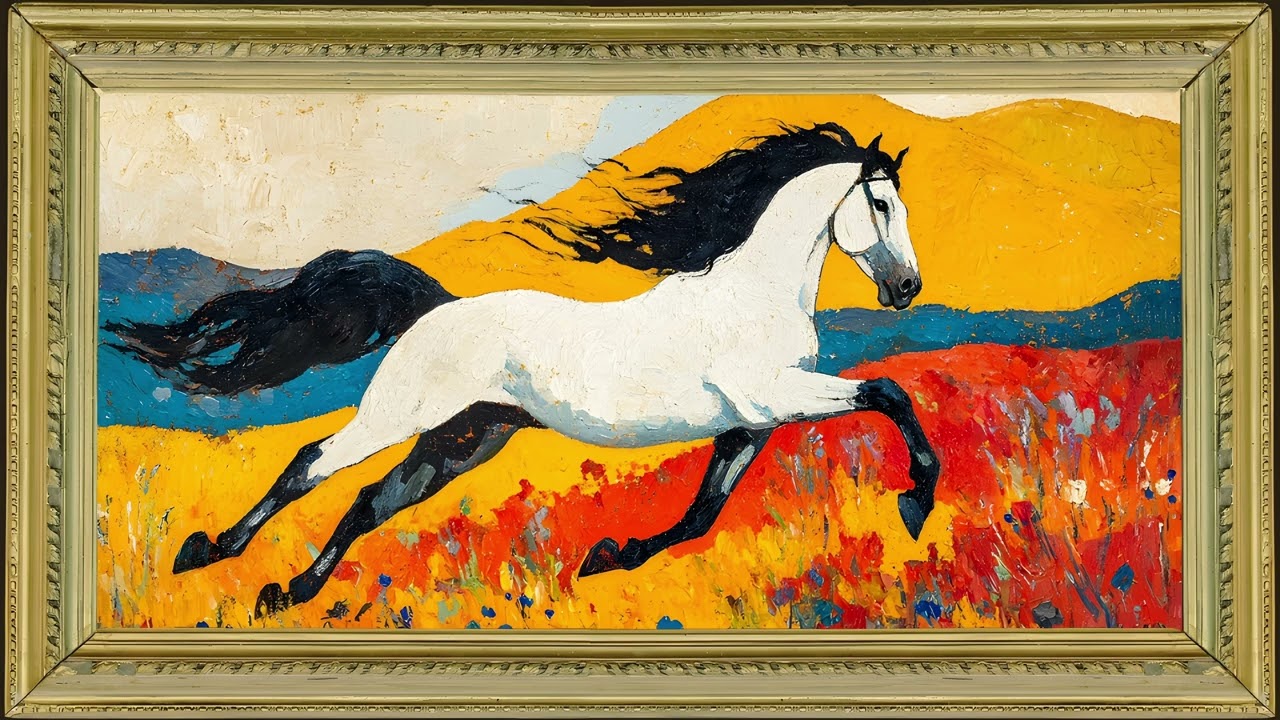 Running White Horse, Vintage Equestrian Oil Painting | Gold Framed TV Art Screensaver 4K
